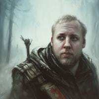 a painting of a bearded man in the woods