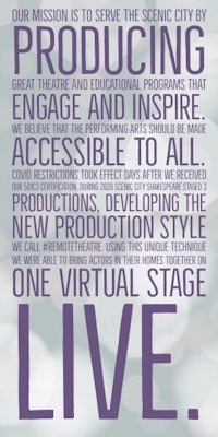 a purple poster with the words,'mission is to serve the scenic city producing engage and inspire all virtual productions
