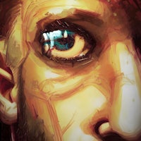 a close up of a man's face with blue eyes