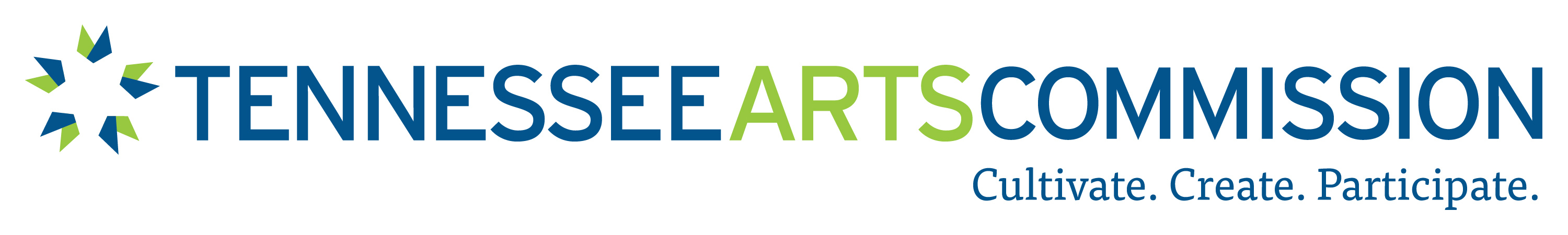 Next to a Navy Blue and Lime Green Starburst, a tall thin sans serif font reads "Tennessee Arts Commission. Cultivate. Create. Participate."