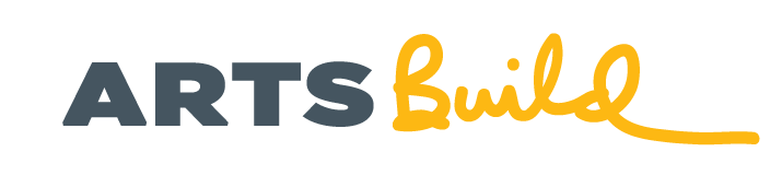 Grey sans serif print letters spell "ARTS". Goldenrod script spells "Build".